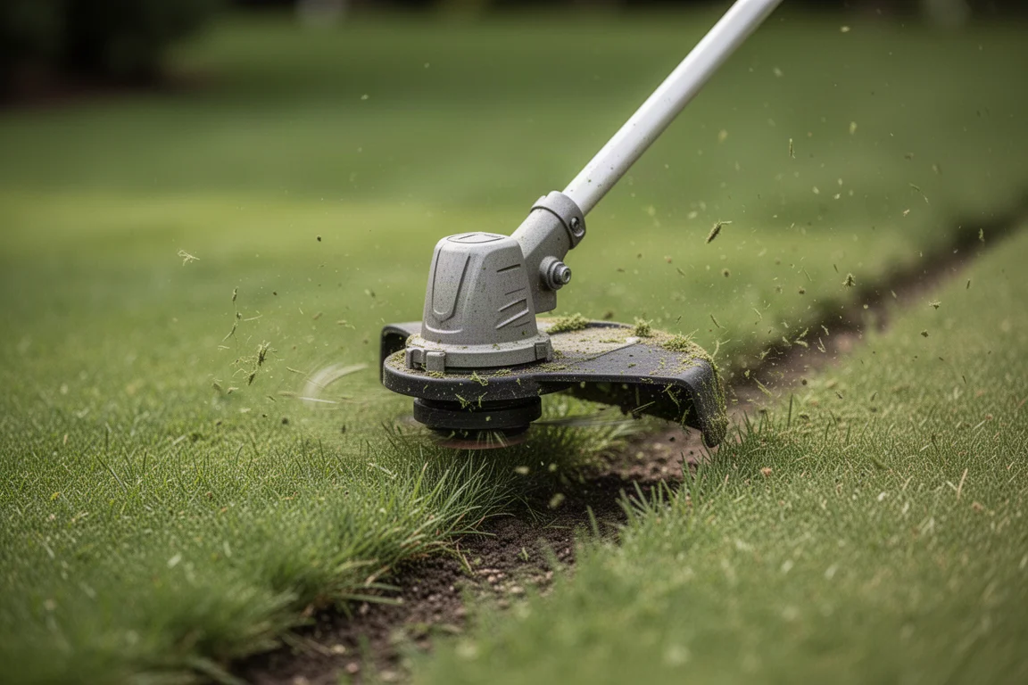 String trimmer head trimming grass along a garden edge