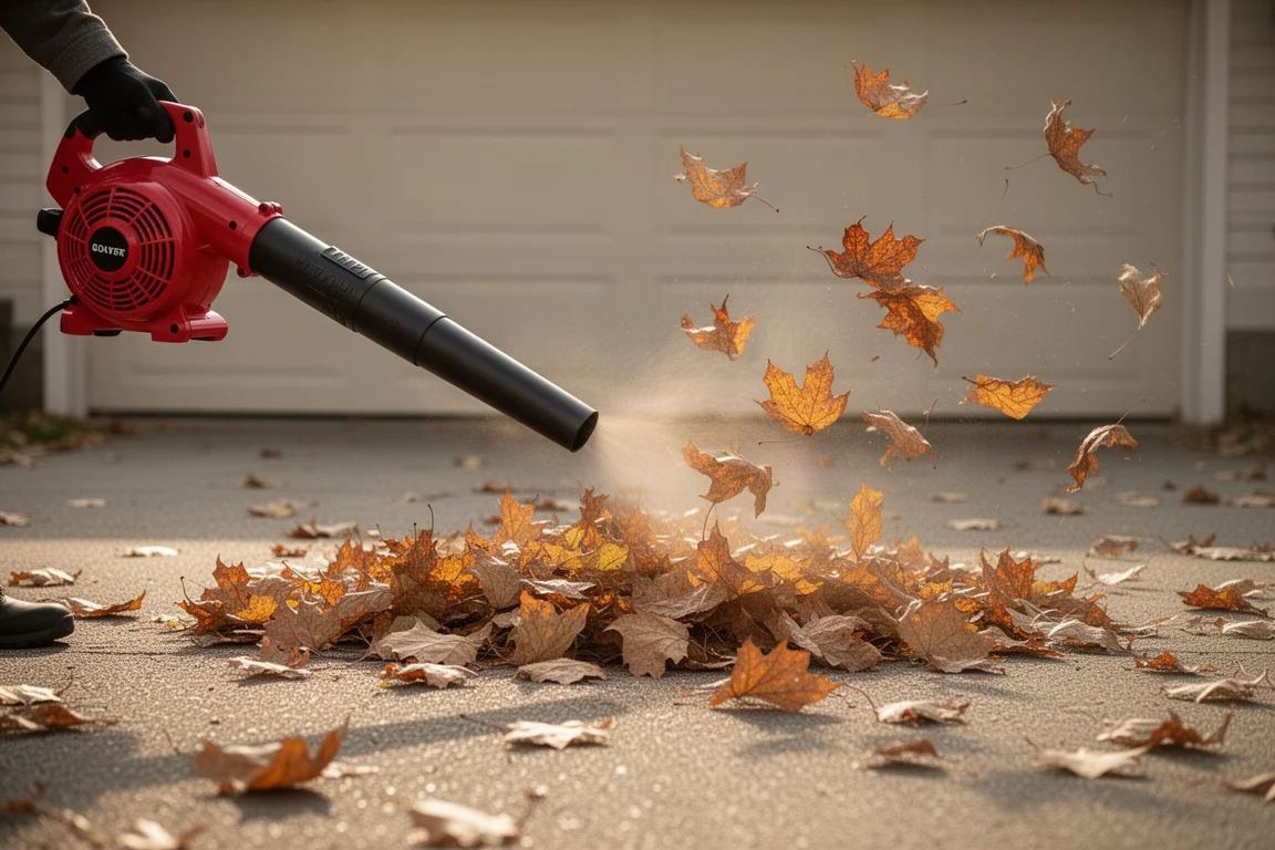 Leaf blower directing a strong air stream across fallen autumn leaves