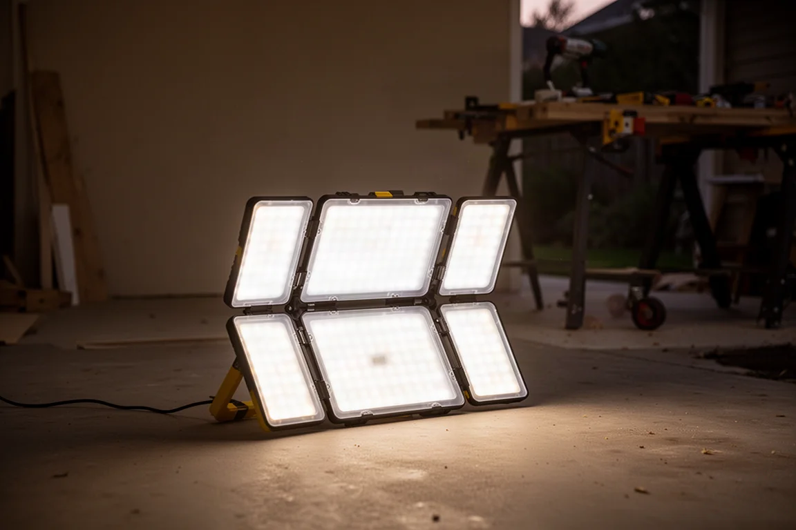 Folding LED work light panels glowing on a workshop floor at dusk