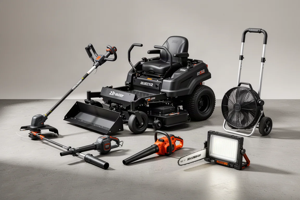Conjunto de equipamentos EGO sem fio para cuidados com o gramado dispostos sobre uma superfície de concreto