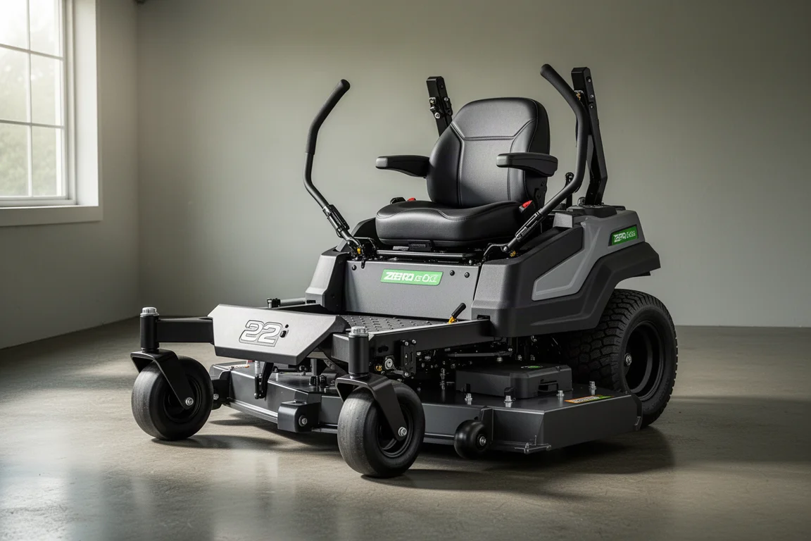 Cortador de relva zero turn elétrico com plataforma de corte ampla de 52 polegadas em piso de concreto