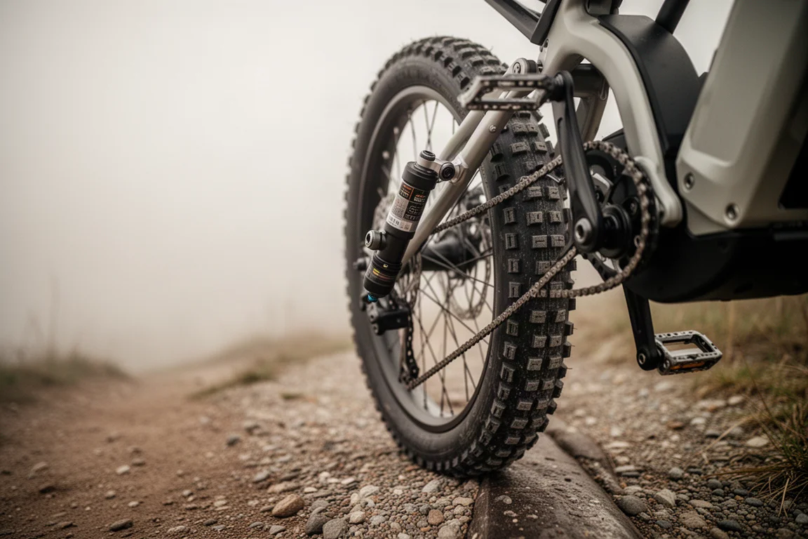Detalj av bakre fjäderben och grovt däck på en terräng-elförcykel