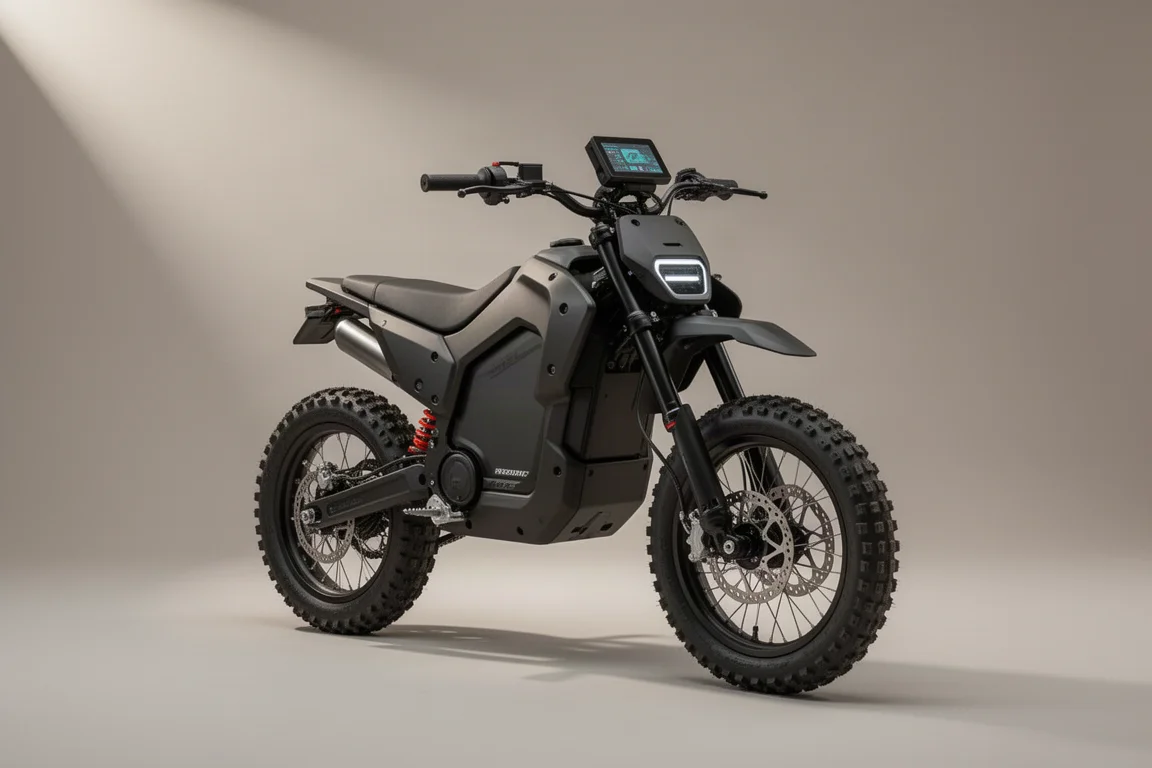 E-bike elétrica off-road EGO 56V com pneus cravados sobre fundo cinza de estúdio