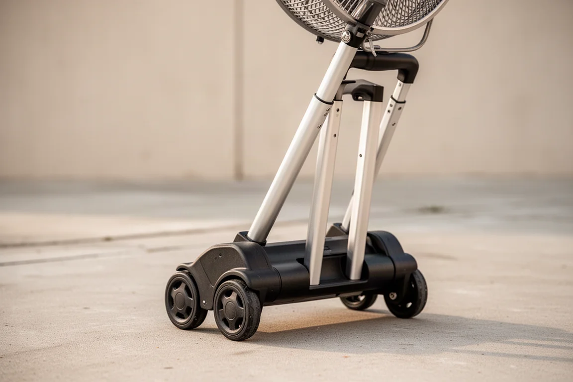 Teleskopgriff und Gummiräder des Nebelfans für den Rolltransport ausgefahren