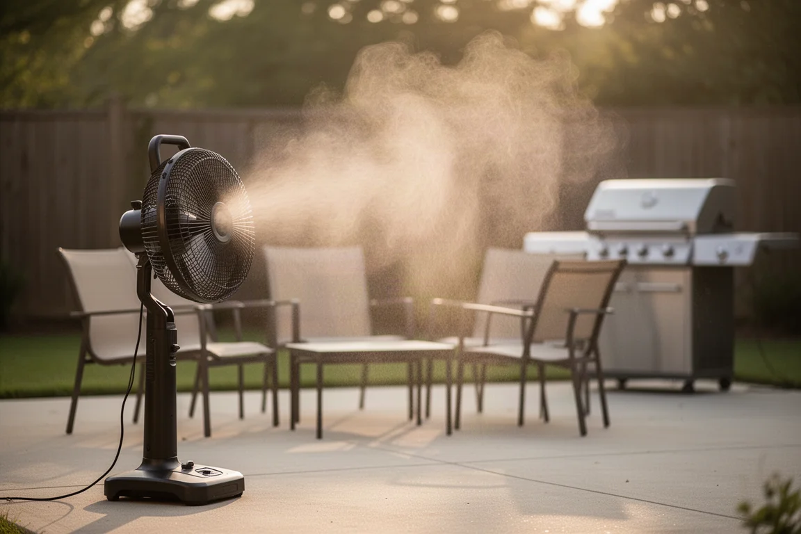 Nebelfan sprüht einen feinen, kühlen Nebel über einen Sitzbereich auf der Terrasse