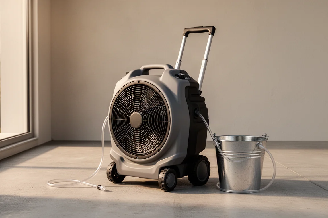 Ventilador umidificador EGO 56V 18-inch com cabo telescópico, rodas e balde de água em uma varanda