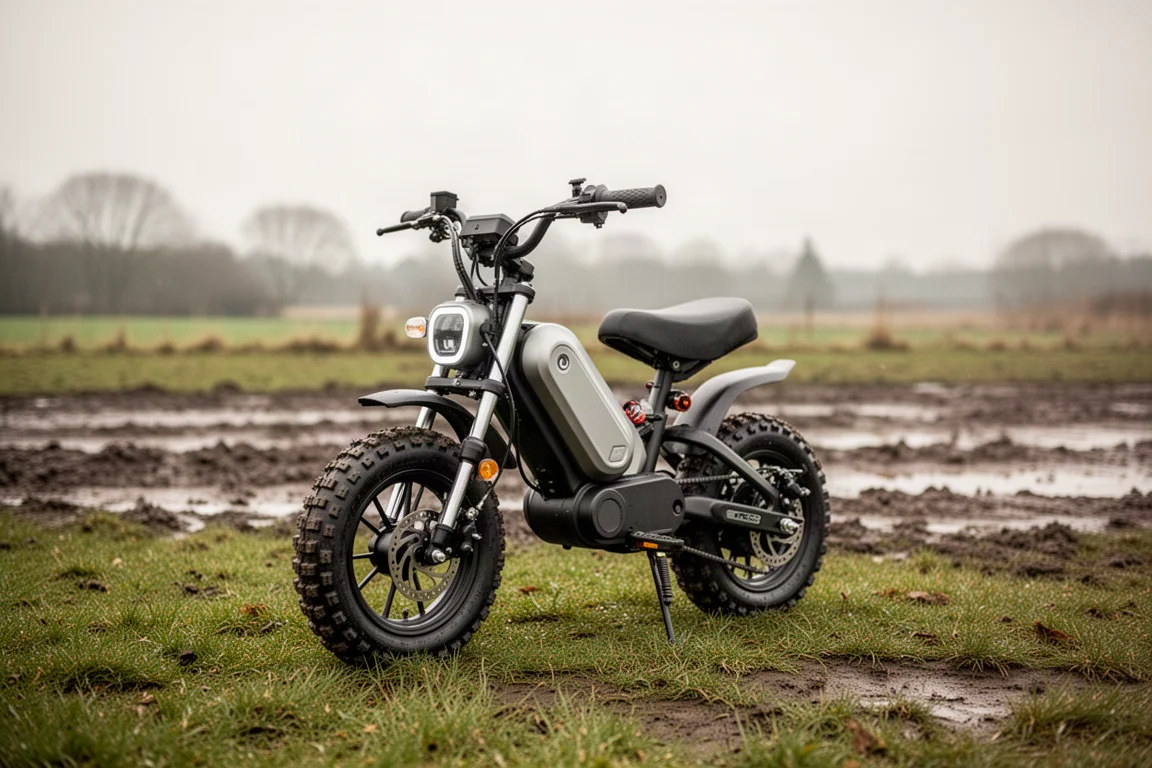 Mini moto estacionada en un jardín de césped con terreno embarrado al fondo