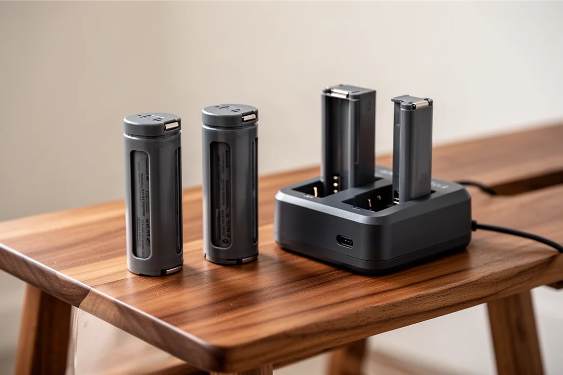Primer plano de dos baterías extraíbles y un cargador doble sobre una mesa de madera
