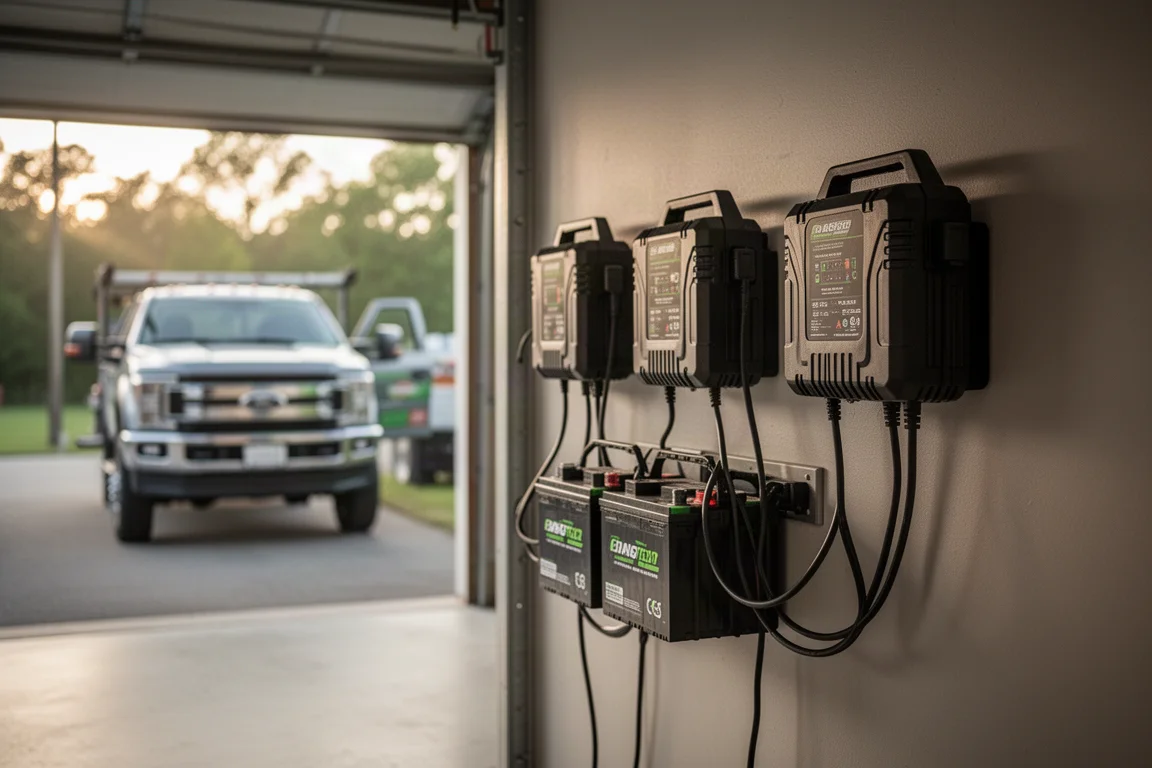 Chargeurs de batteries alignés sur le mur d'un garage pendant une journée de travail