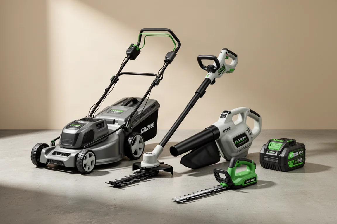 EGO 56V cordless lawn tools including mower, trimmer, blower and battery pack on concrete