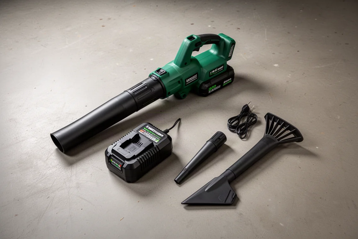 Kit del soffiatore disposto con batteria e caricabatterie sul pavimento del garage