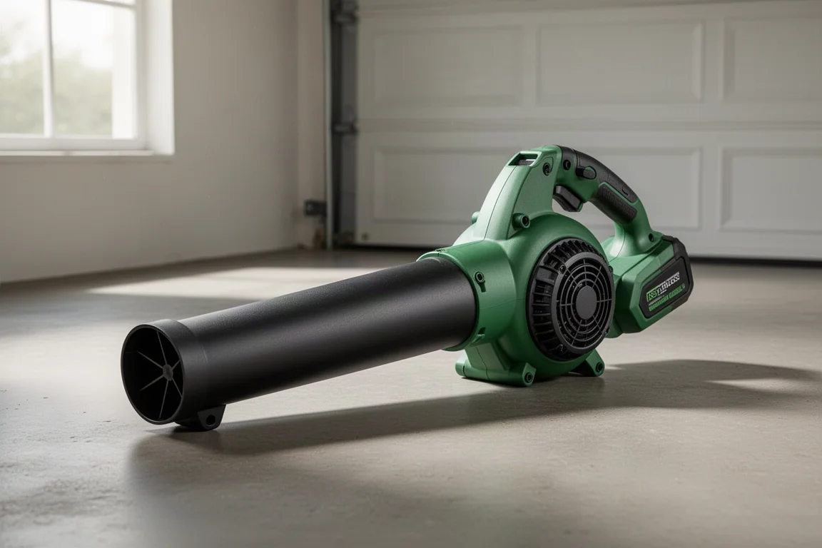 Soprador a bateria EGO 765 CFM com bocal largo de ventilador em um piso de garagem de concreto