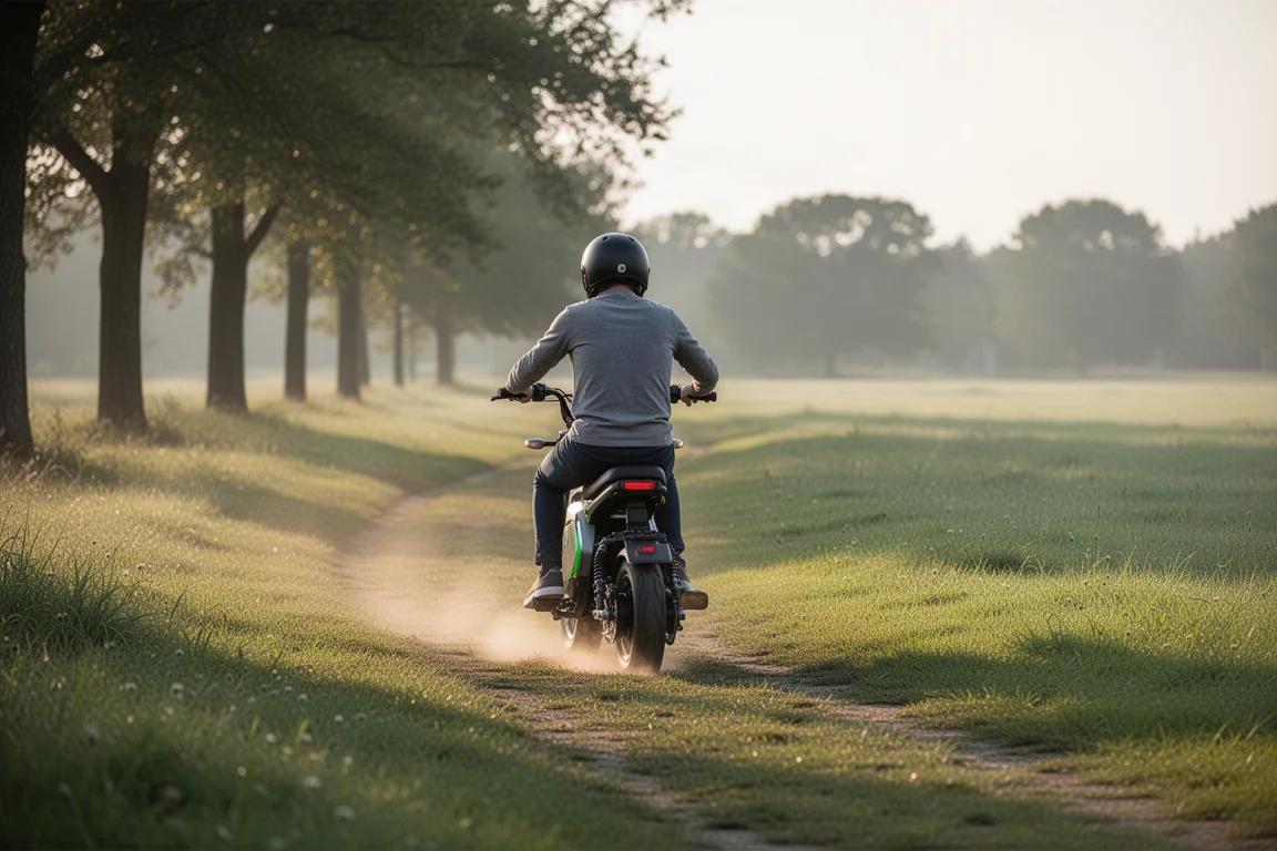 Elektrisches Mini Bike auf einem grünen Pfad bei sanftem Tageslicht gefahren