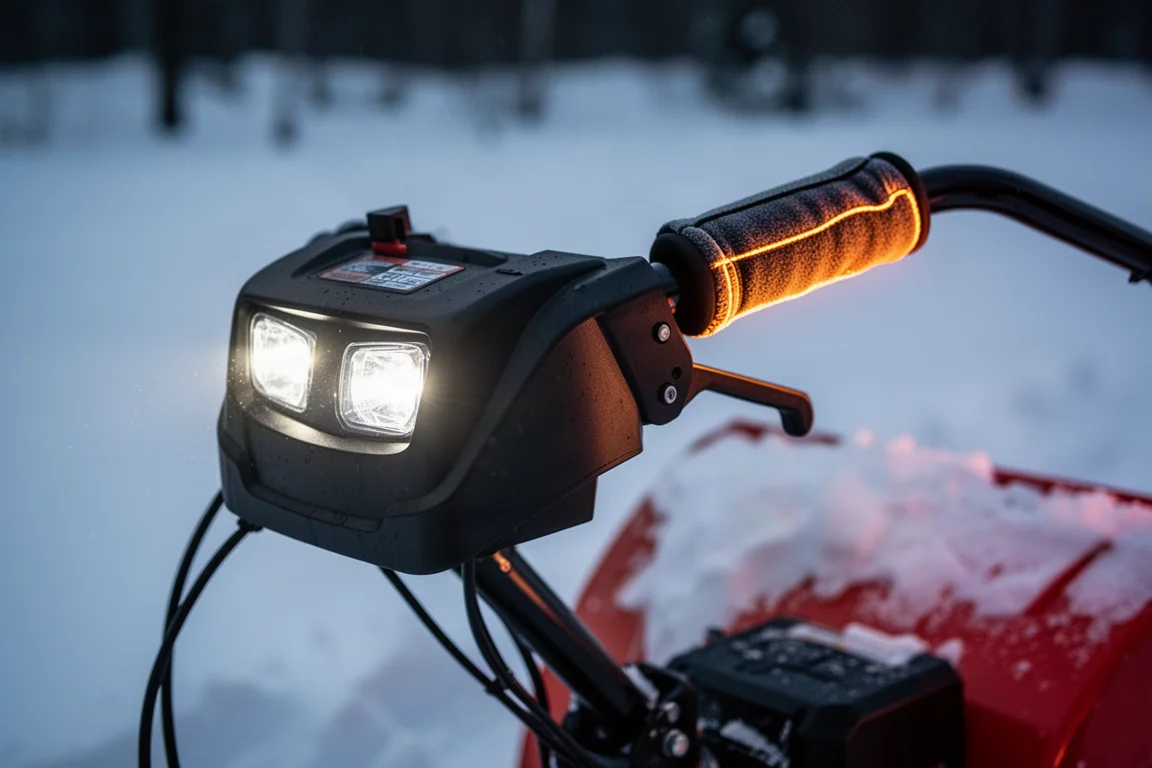 Nahaufnahme von LED-Leuchten und beheizten Griffen an einem Schneefräsen-Lenker in der Dämmerung