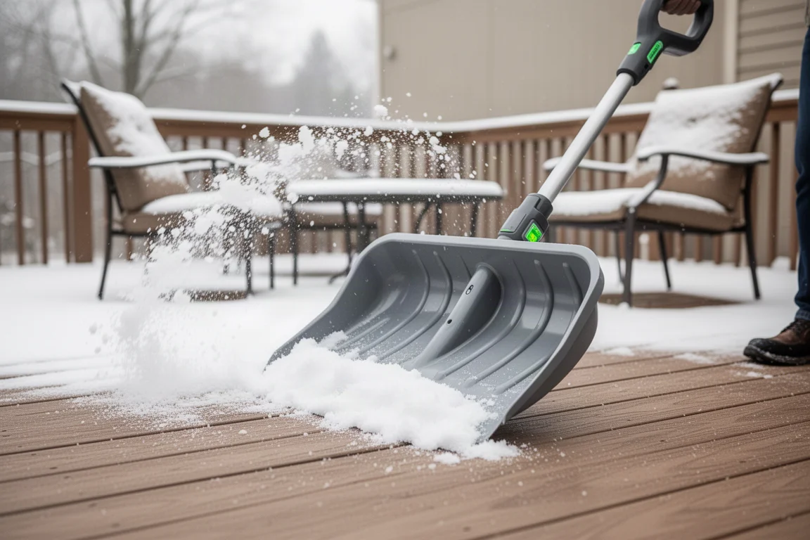 Kompakte akkubetriebene Schneeschaufel räumt Schnee von einem Holzdeck