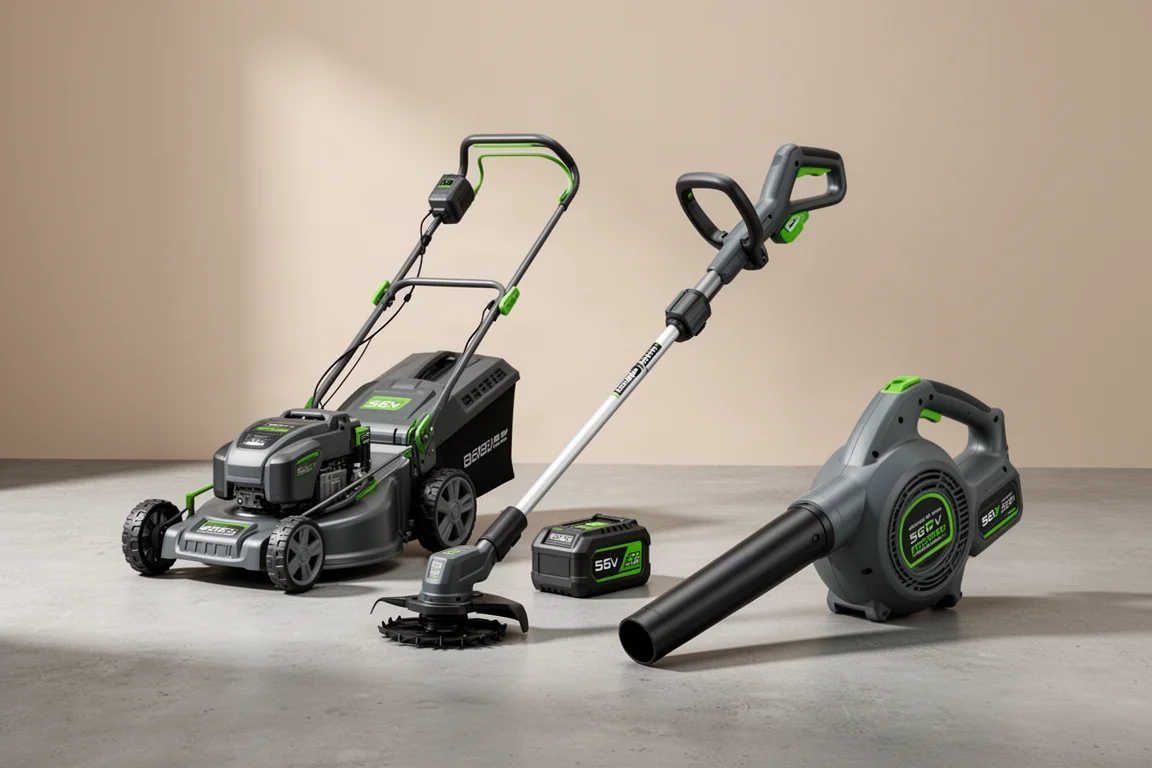 EGO battery-powered lawn care lineup with mower, trimmer and blower on concrete