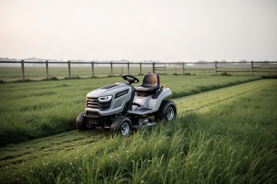Tracteur tondeuse à batterie coupant des herbes envahissantes dans un champ ouvert