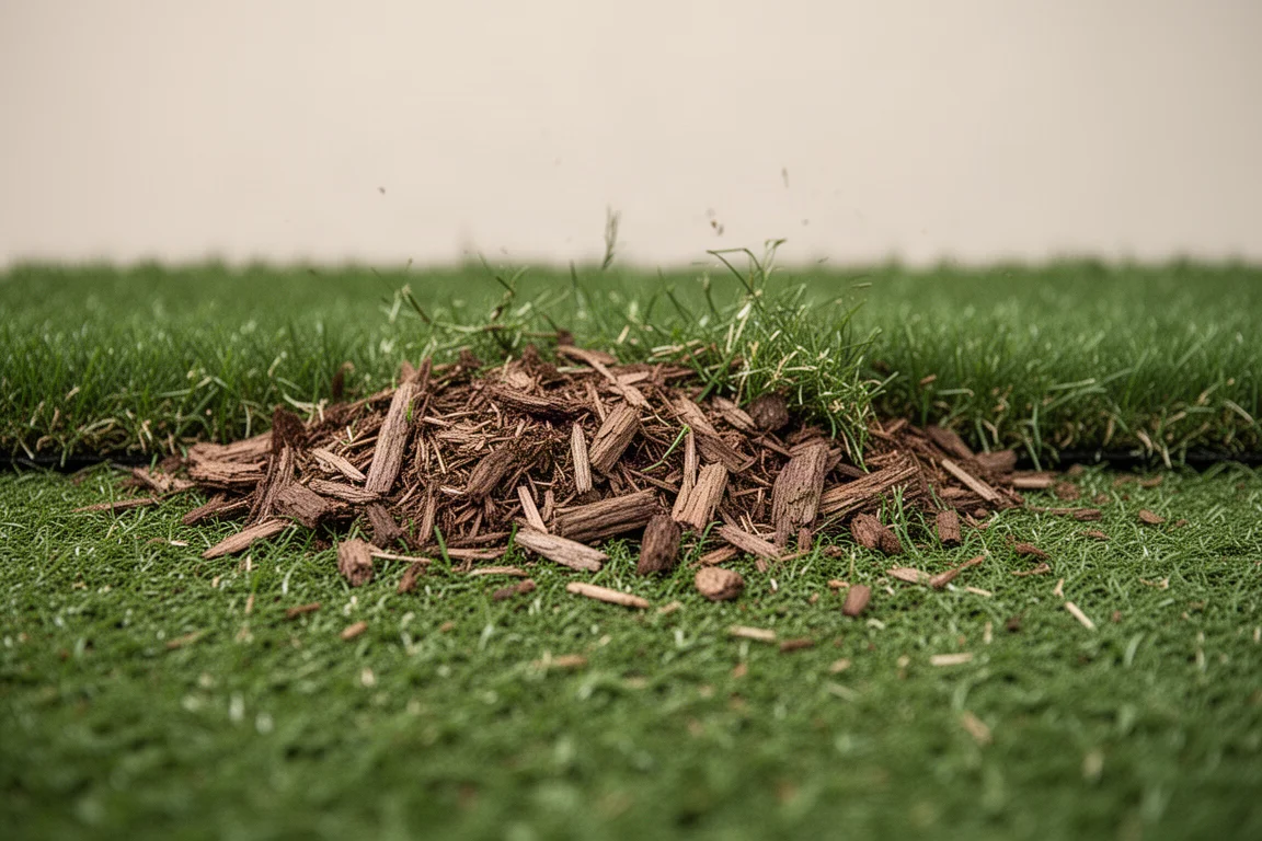 Gros plan sur des herbes coupées finement mulchées sur une pelouse