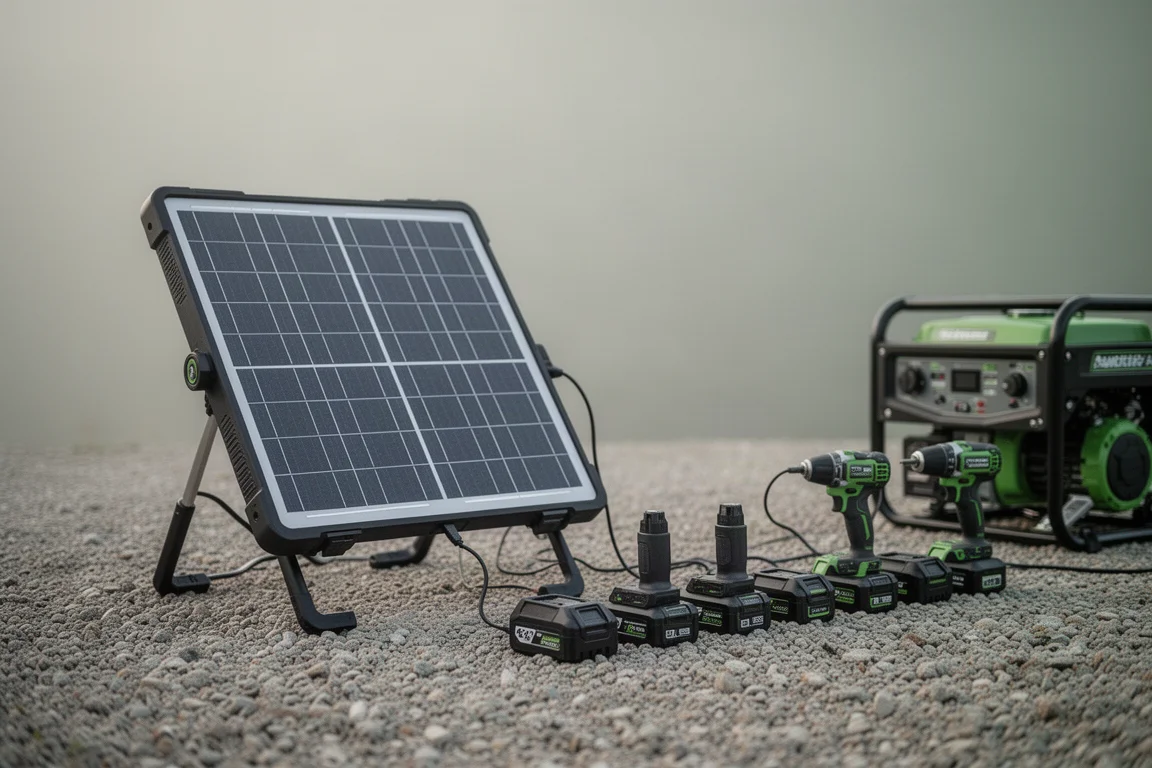 Panneau solaire rechargeant des batteries sur une surface gravillonnée à côté d'équipements d'extérieur