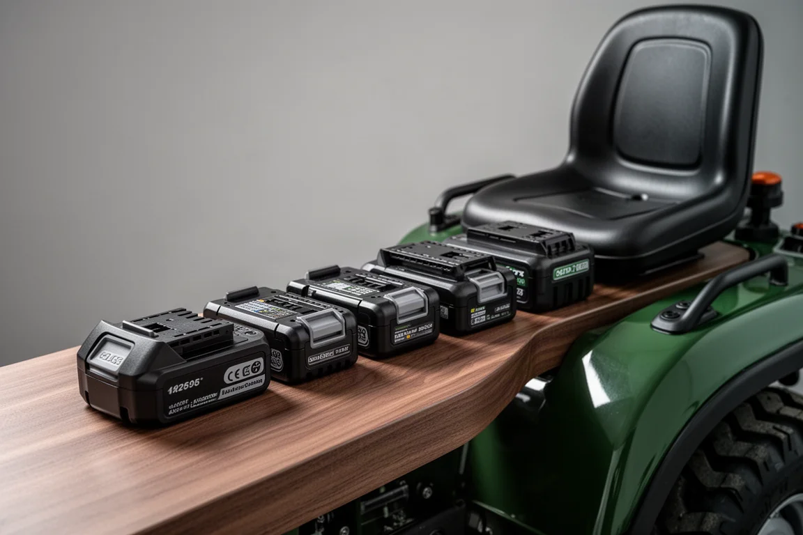 Batteries alignées prêtes pour le jardinage à côté du siège du tracteur