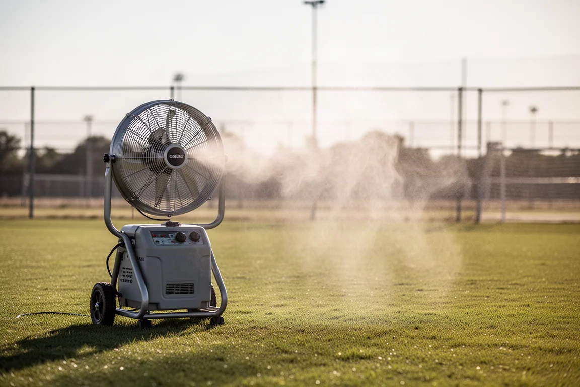 Dimfläkt i drift bredvid en ungdomsbasebollplan en het sommardag
