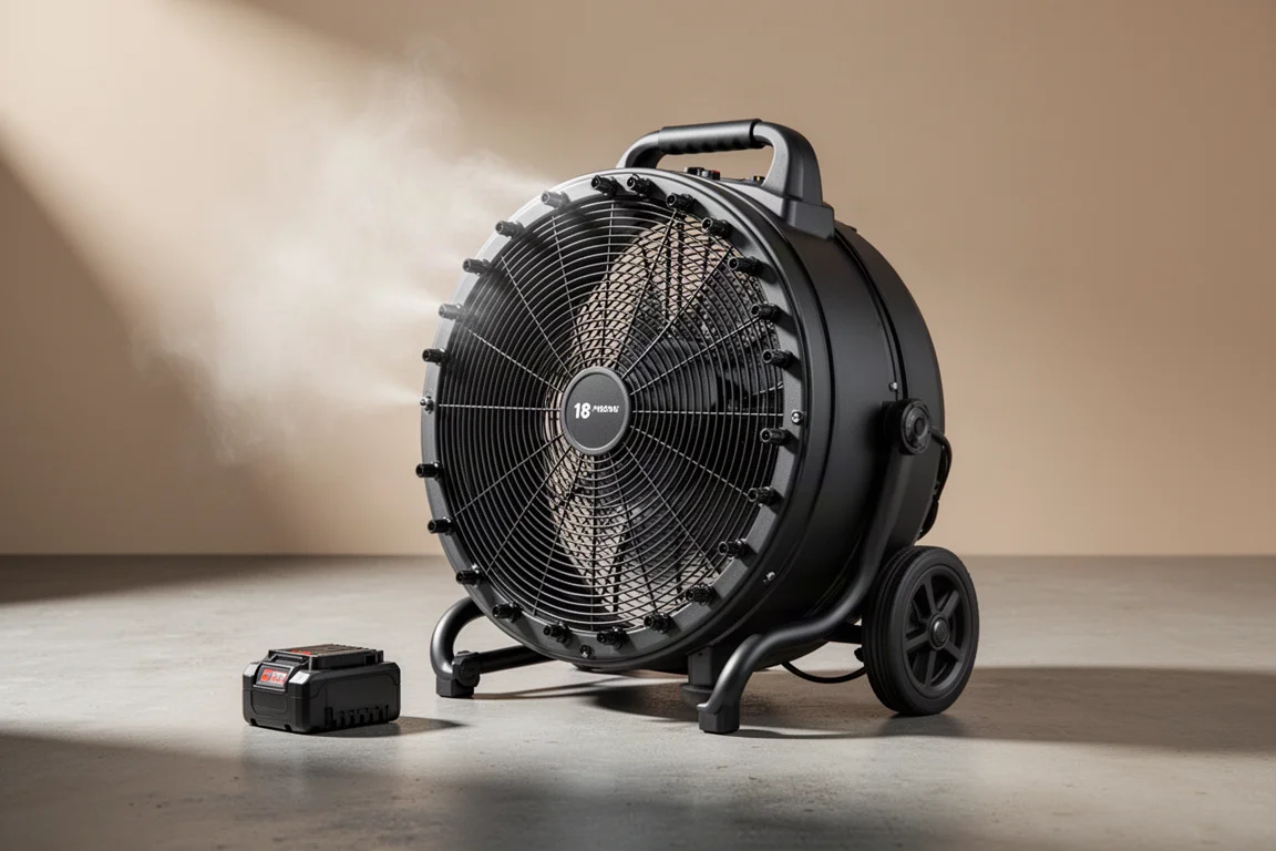 Ventilador umidificador de 18 polegadas com rodas fotografado sobre uma superfície de concreto com uma bateria ao lado