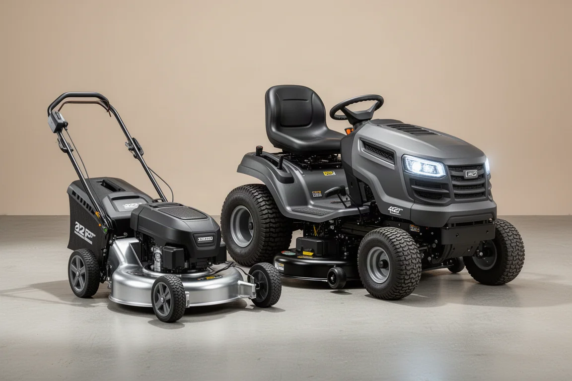 EGO 22-inch self-propelled mower and 42-inch lawn tractor side by side on concrete
