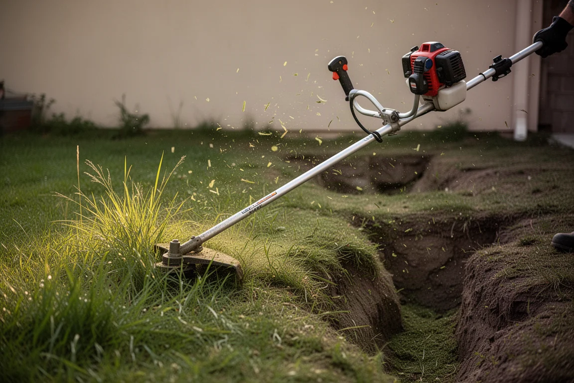 Rasentrimmer schneidet hohes Gras entlang eines geneigten Grundstücksrandes