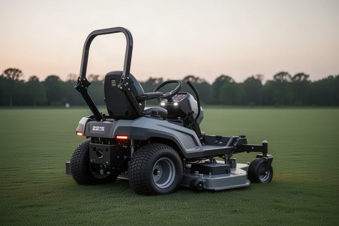 Zero Turn Rasenmähtraktor steht in der Abenddämmerung auf einer großen offenen Wiese
