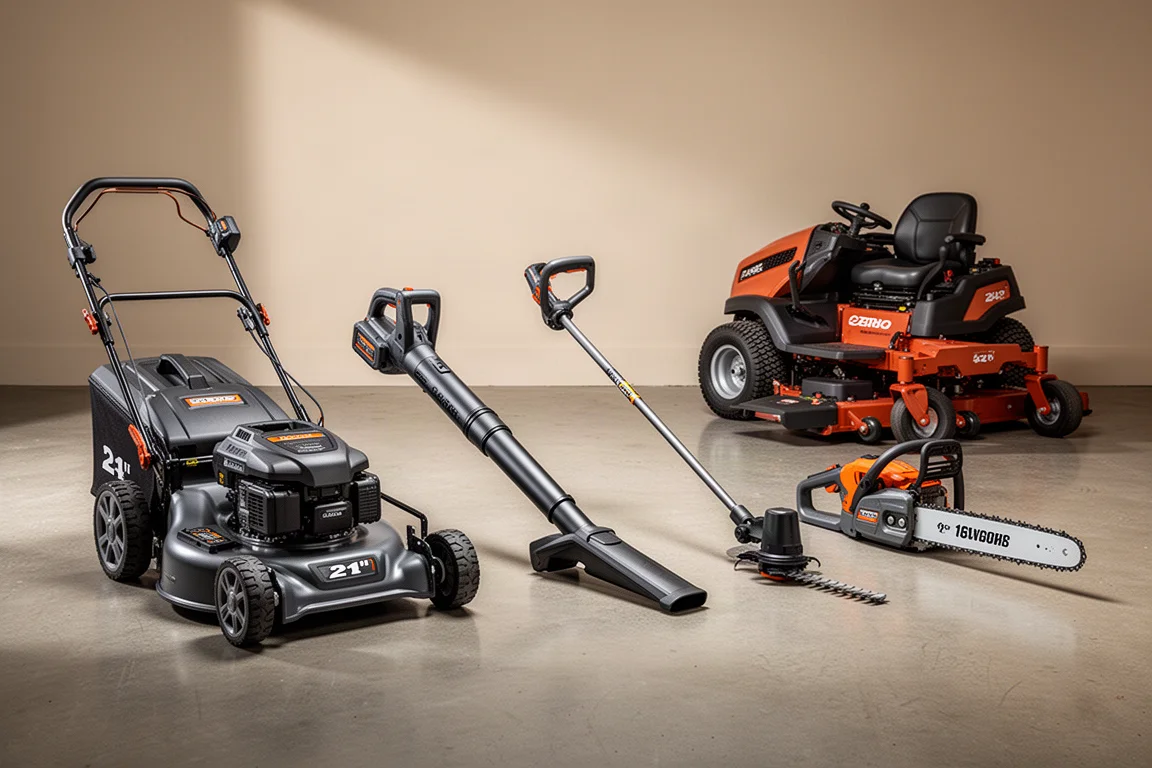 Five EGO cordless outdoor power tools lined up on a concrete floor