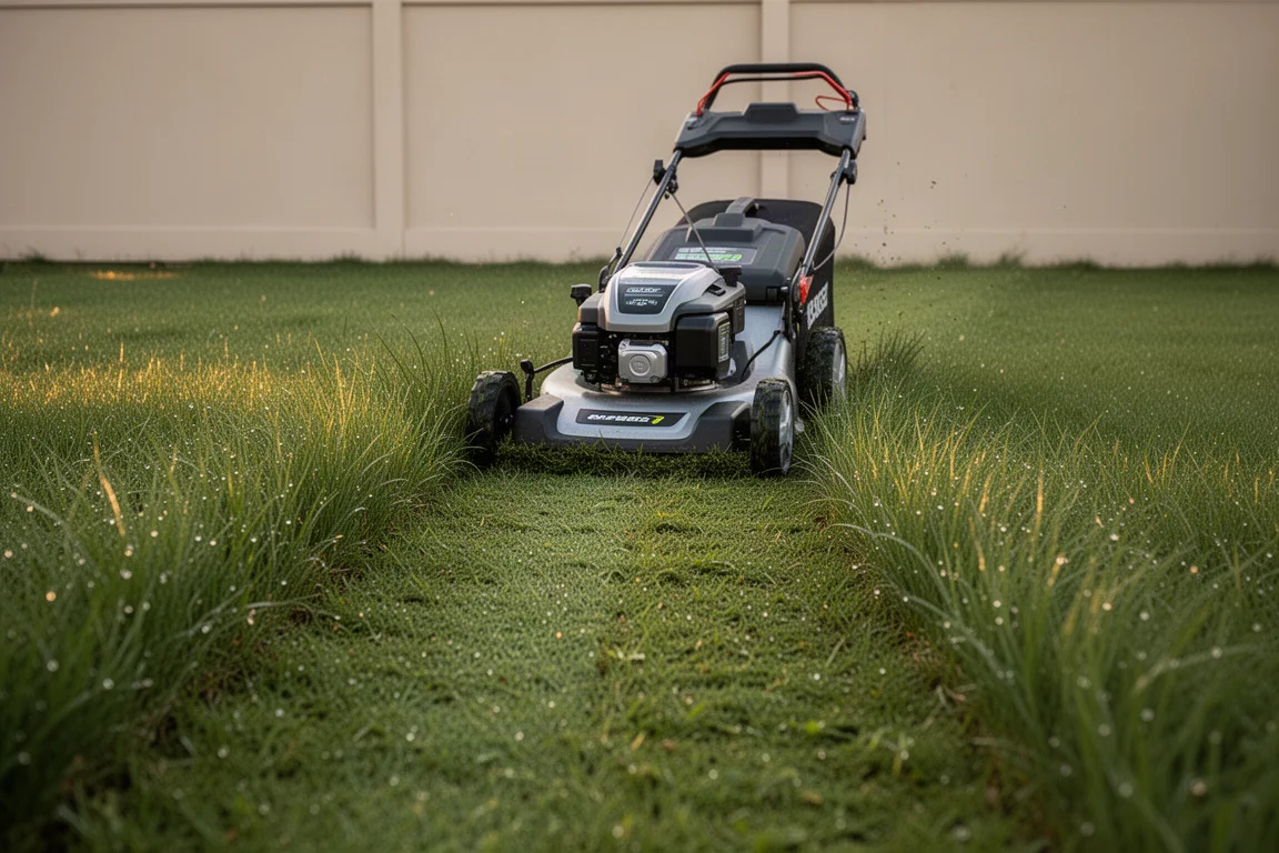 Battery mower cutting through tall grass leaving a clean mowed stripe