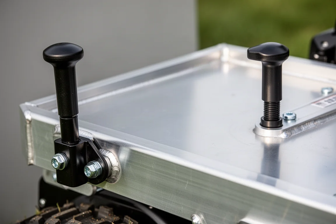 Close-up of mowing height adjustment levers on a mower deck