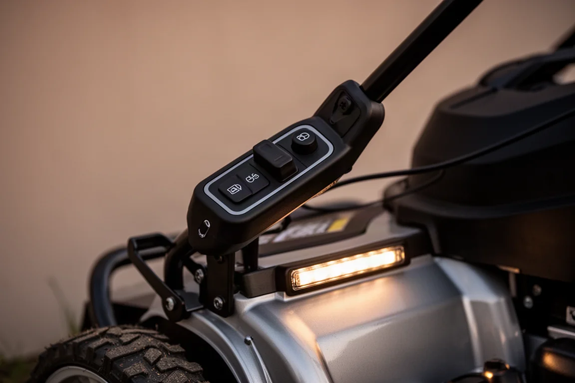 Mower handlebar control panel with settings dial and LED lights