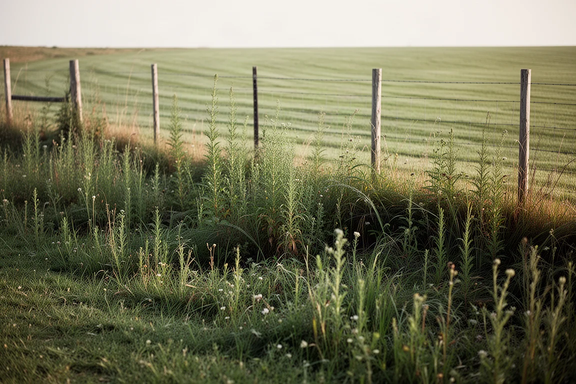 Overgrown rough grass area at the edge of a property needing a push mower
