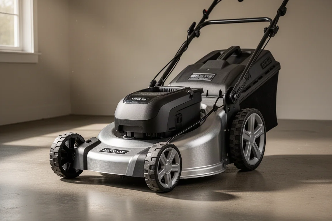 Cortador de grama elétrico a bateria EGO Power+ de 22 polegadas com plataforma de alumínio e autopropulsão sobre piso de concreto
