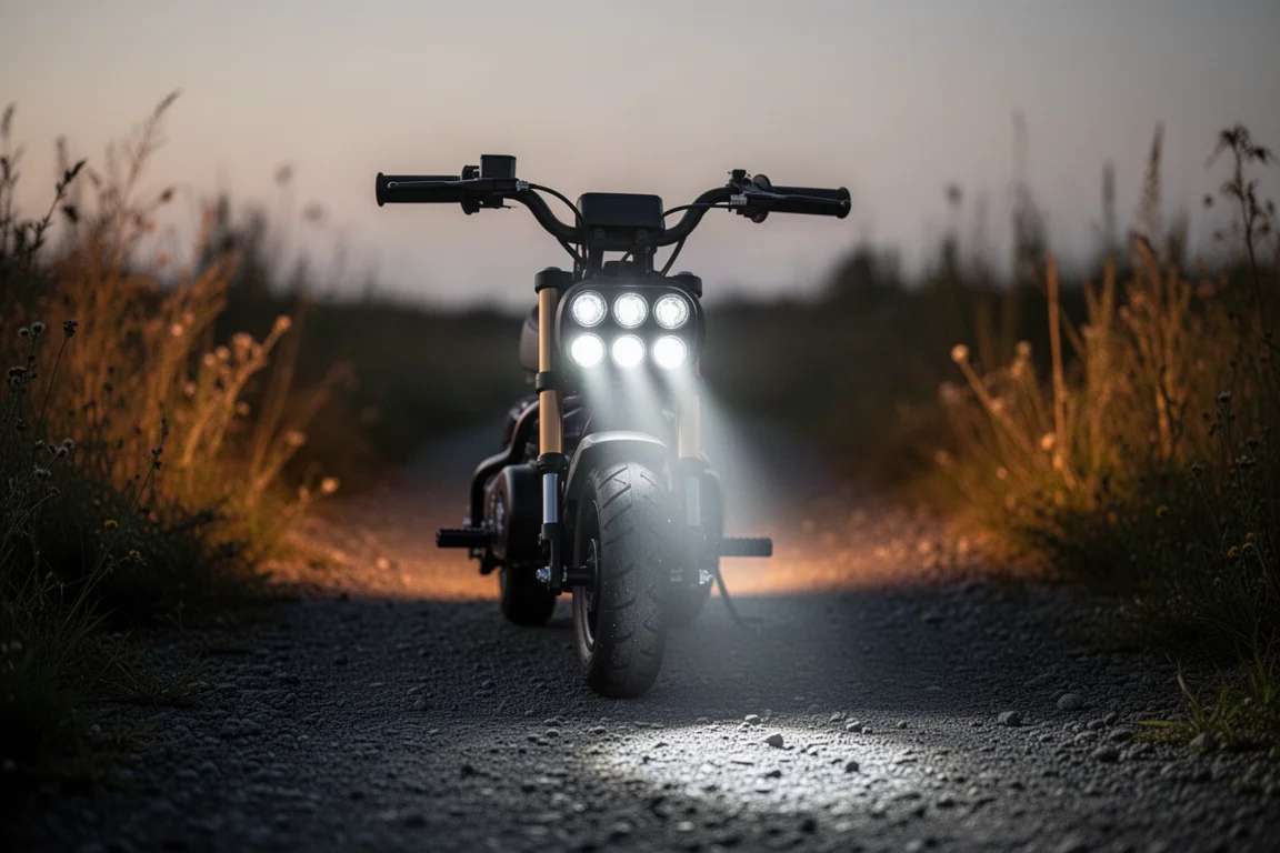Faro de una minibici proyectando un haz brillante sobre un camino oscuro