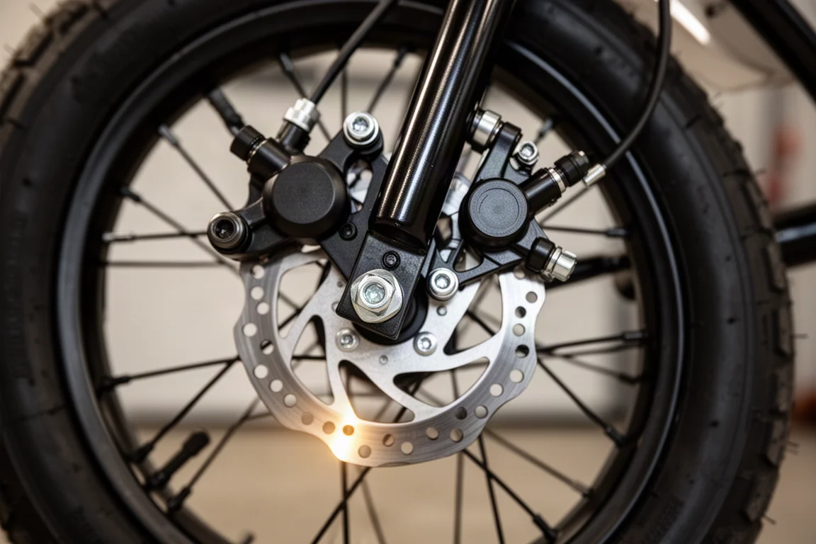 Primer plano de un freno de disco hidráulico en la rueda de una minibici