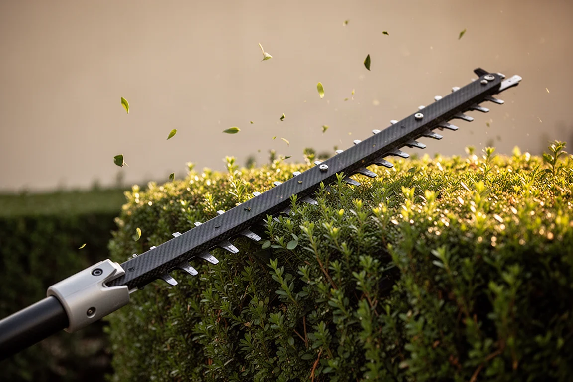 Aparador de cerca viva modelando um arbusto de jardim sob luz quente da tarde