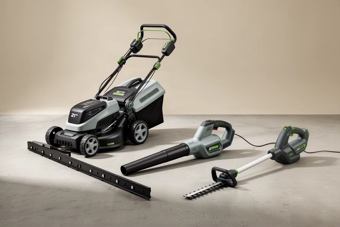EGO Power Plus outdoor tool lineup including mower, trimmer, blower and hedge trimmer on concrete
