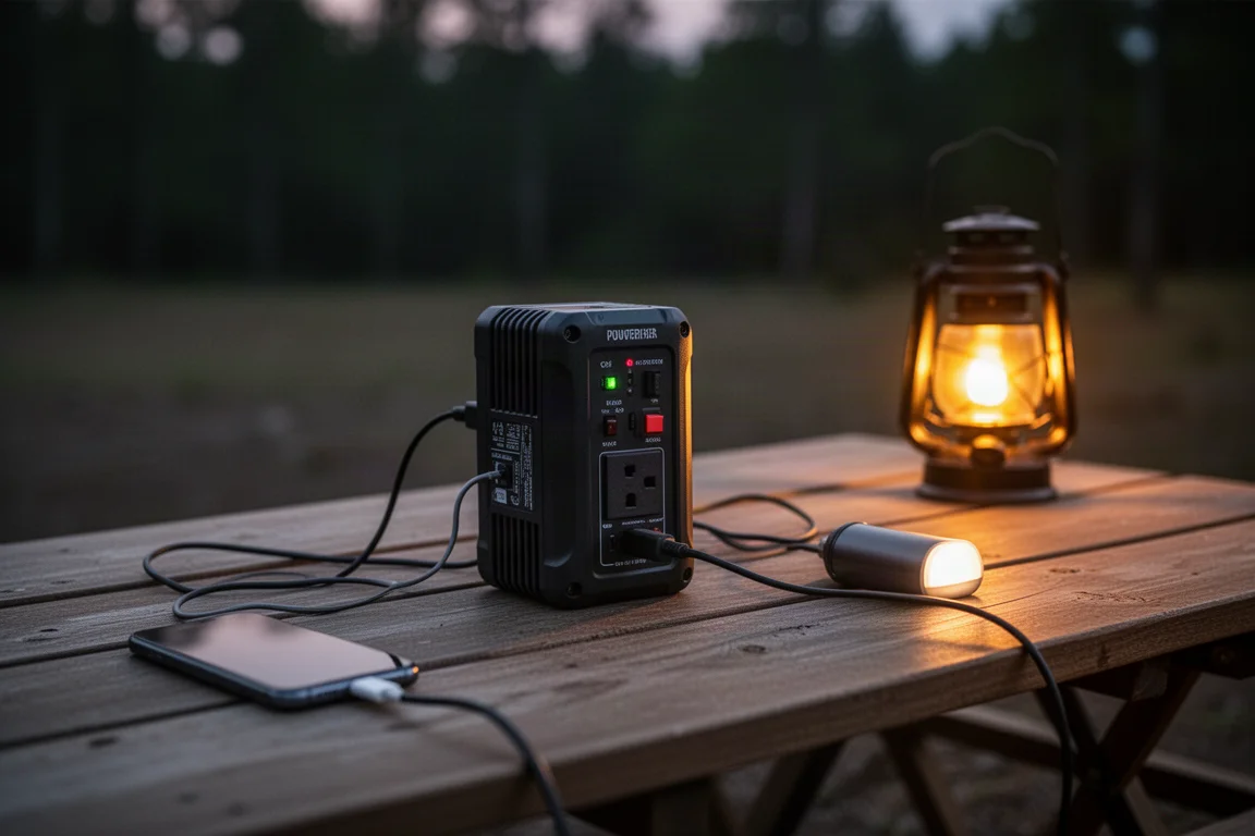 Inversor de energía portátil cargando dispositivos sobre una mesa de campamento al atardecer