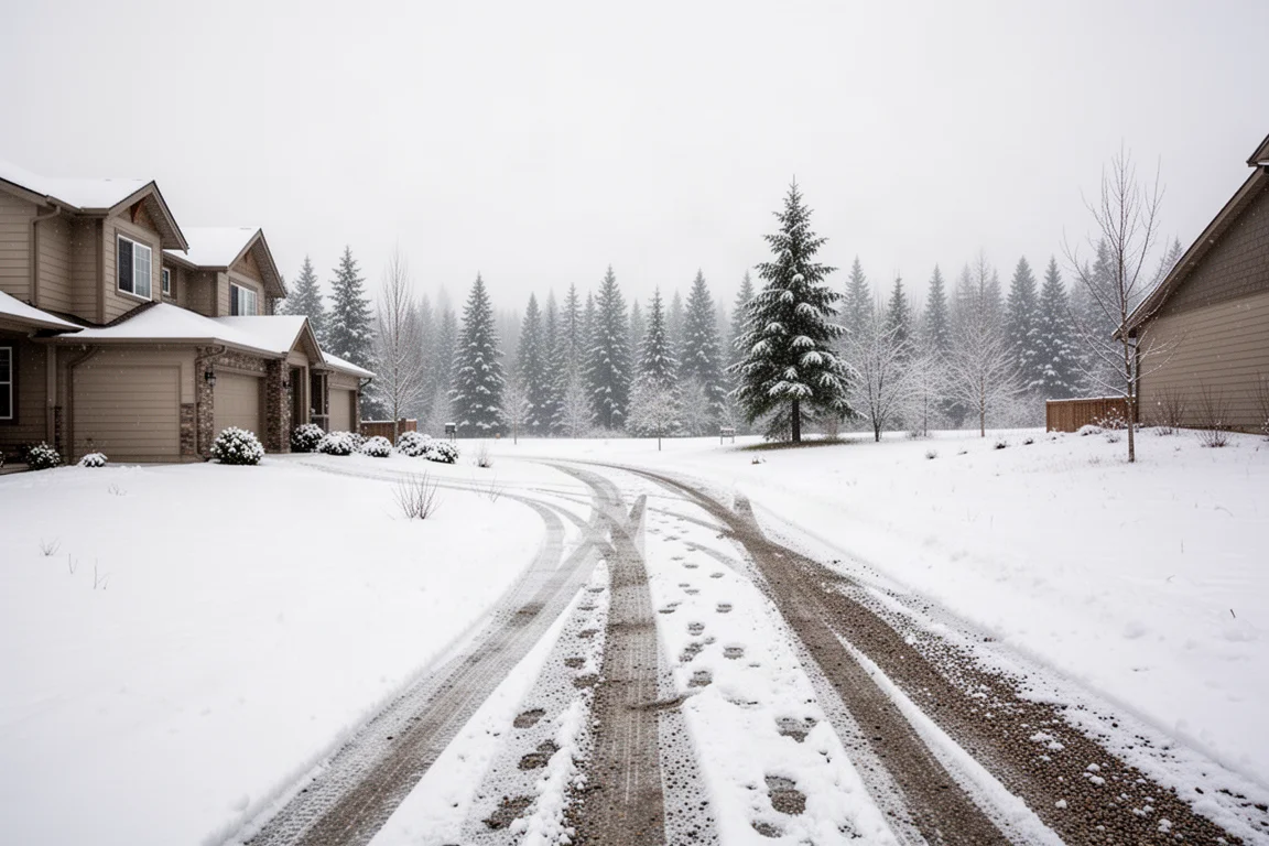 清晨光線下,住宅街道被新雪覆蓋