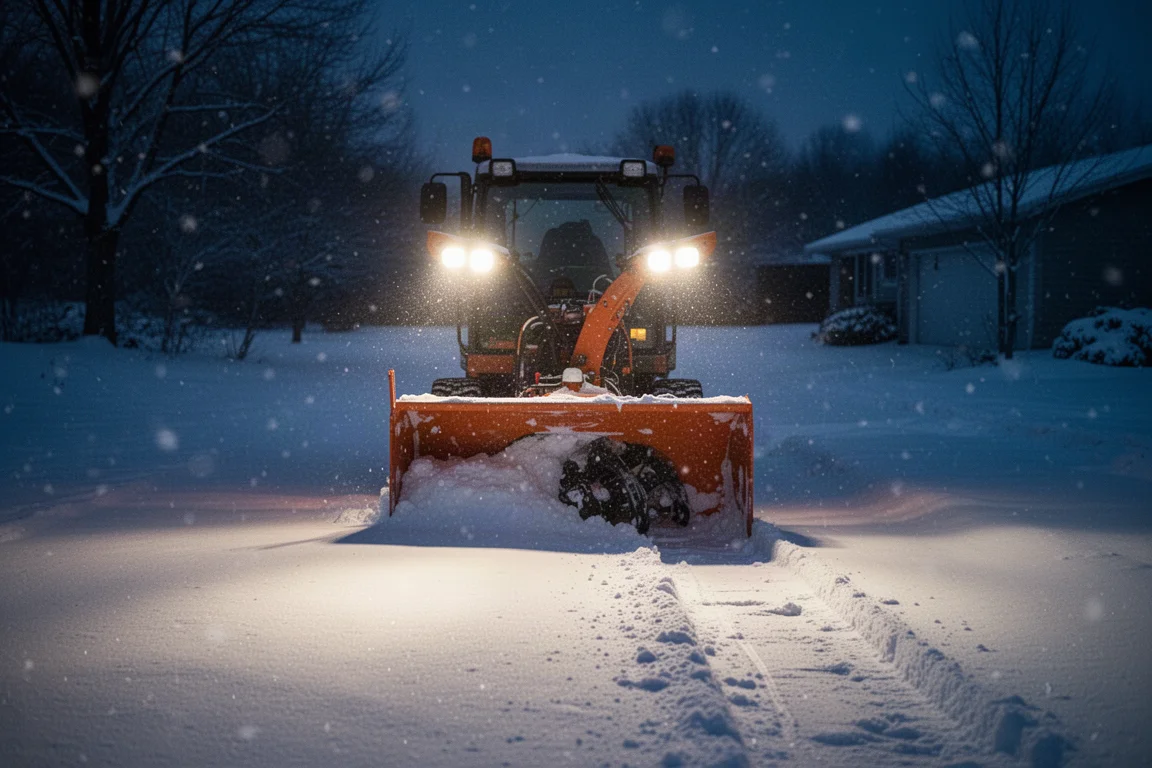 除雪機車頭燈在夜間照亮黑暗的積雪車道