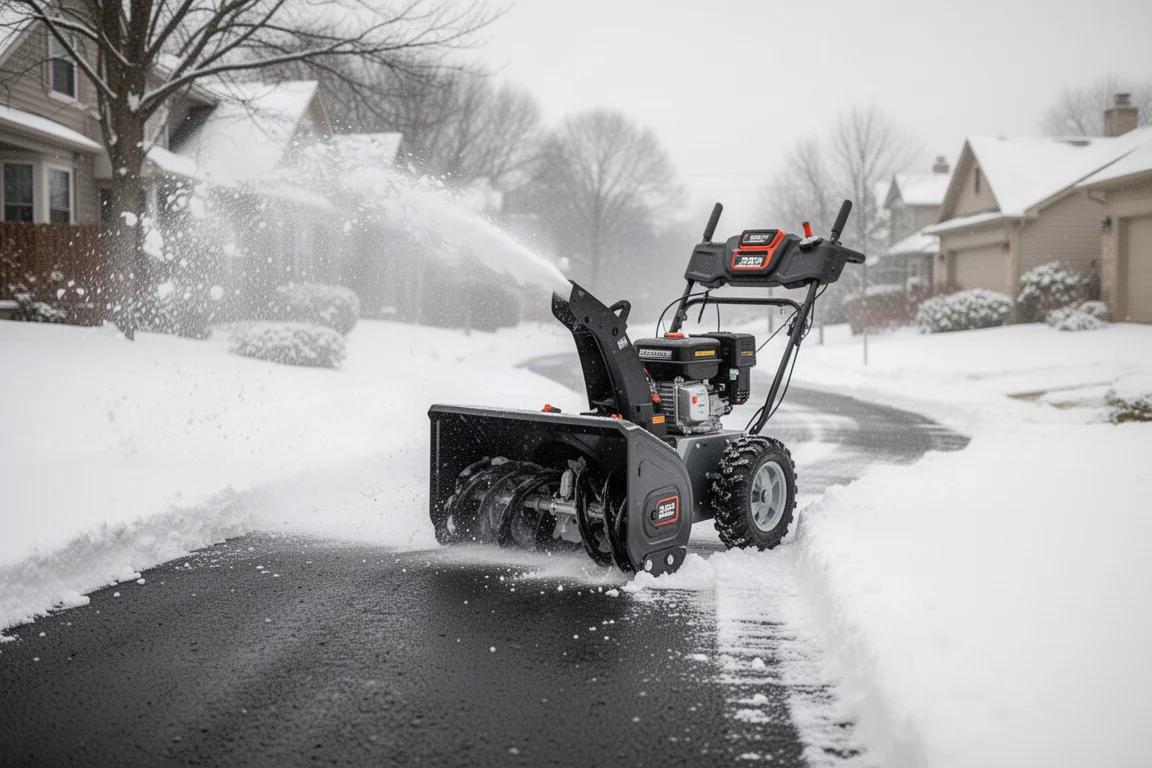 寬體無線除雪機沿著積雪街道清出一條路徑