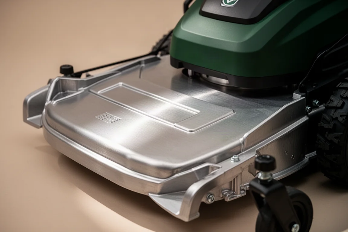 Detalle de la plataforma de una cortacésped con carcasa de corte de aluminio