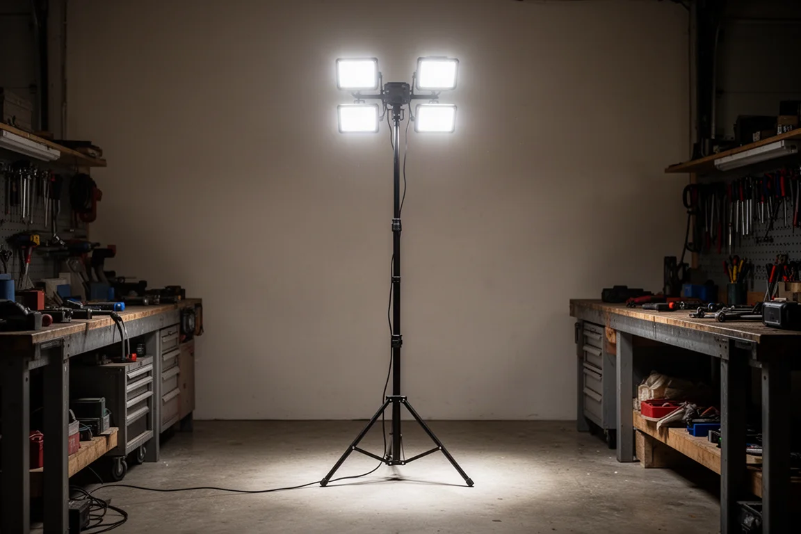 Tragbarer Tower Light aufrecht stehend mit leuchtenden LED-Panels in einer dunklen Werkstatt