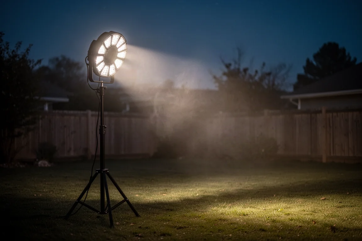Tower Light auf einem Stativ im Freien bei Nacht und ausleuchtet eine große Arbeitsfläche