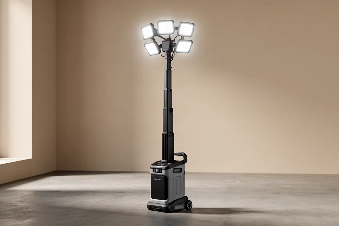 EGO Tower Light com mastro retrátil estendido e painéis de LED acesos sobre superfície de concreto