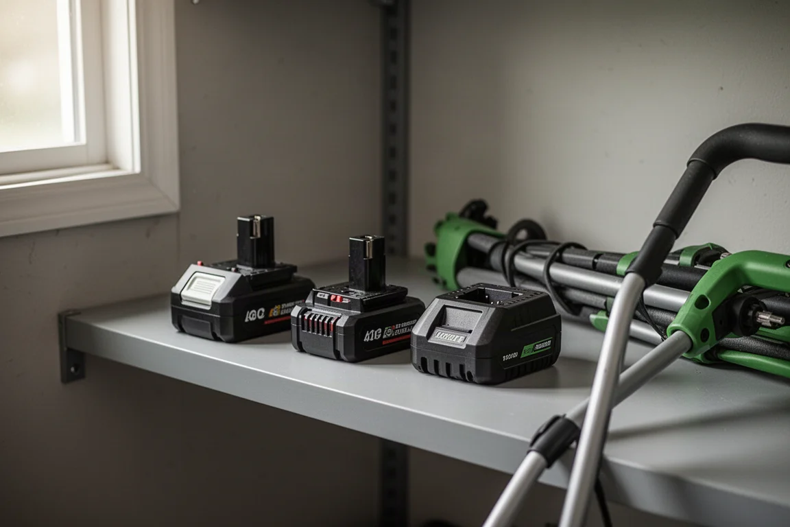 Deux batteries et un chargeur double port sur une étagère de garage