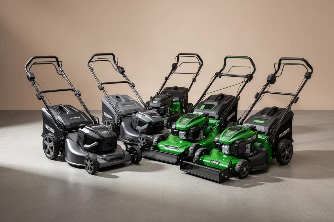 Six battery-powered walk-behind lawn mowers arranged in two rows on concrete