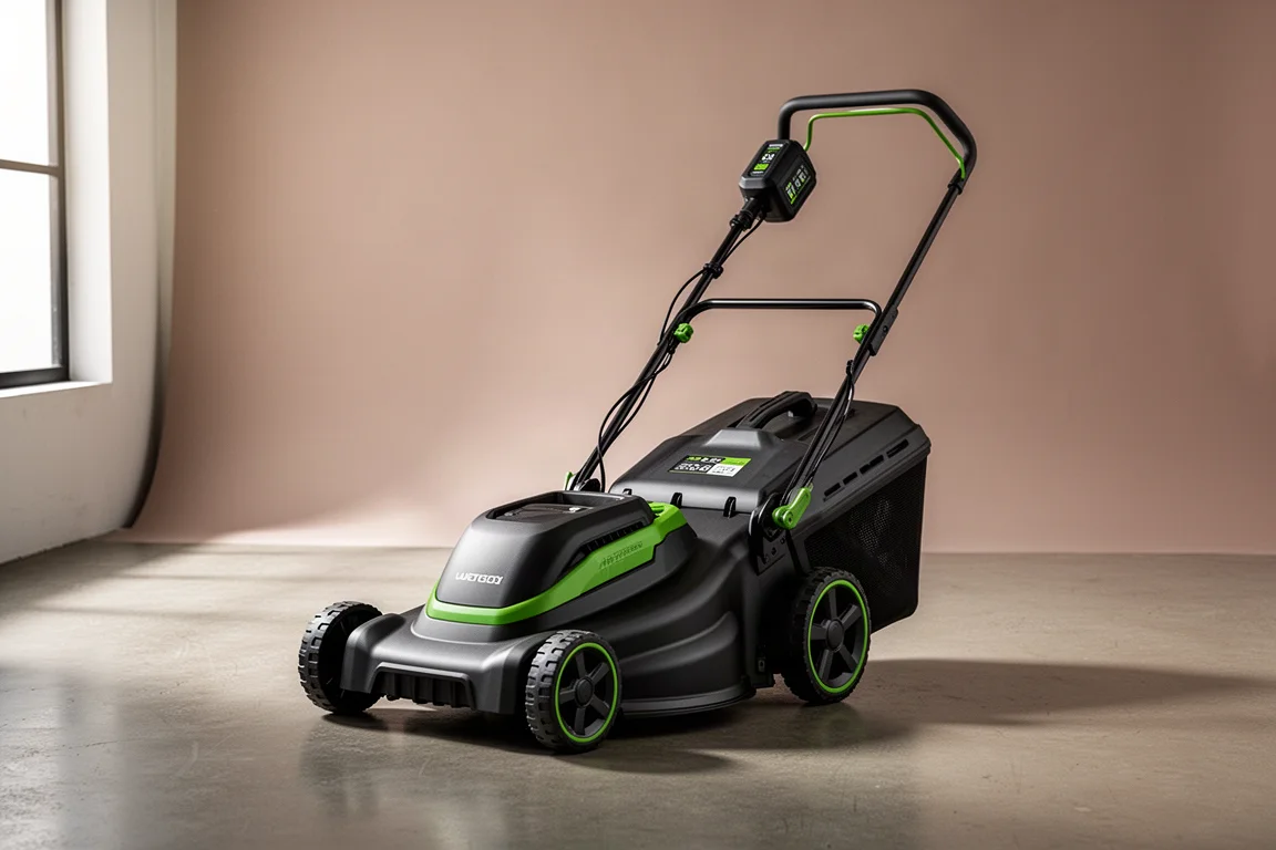 Modern cordless walk behind lawn mower on a concrete studio floor